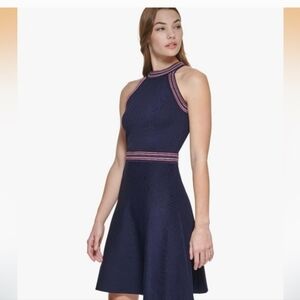 Vince Camuto Navy Halter Fit-and-Flare Dress with Pink-Trim